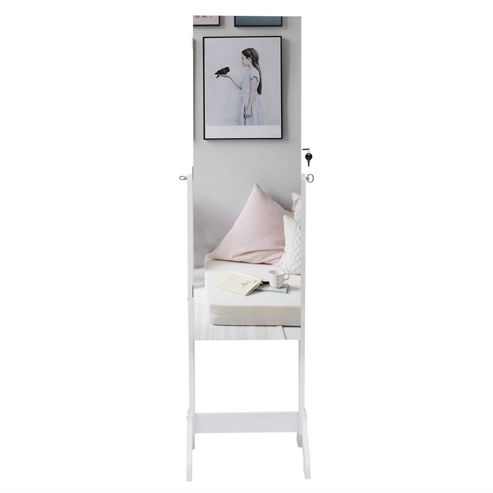LEADZM Armoire à Bijoux sur Pieds, Meuble de Rangement Cosmétiques, Organisateur de Bijoux avec Grand Espace de Rangement pour Chambre, Placard à Accessoires avec Miroir, Verrouillable, Blanc Boisé