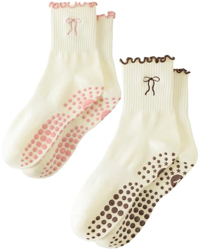 Image of Yawlsow Cute Ruffle Pilates Grip Socks, Crew Grippy Socks Women Non Slip | Frilly Yoga Socks for Women Cotton Athletic Sticky Embroidery for Barre Workout Reformer, US 5-10
