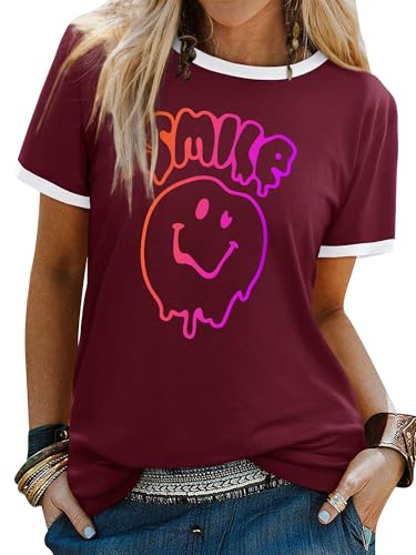 Image of WIEIYM T Shirt Women's Short Sleeve Tops Casual Summer Tee Crew Neck Smile Tshirt Printed with Funny Face Graphic