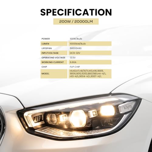 Image of klyro LED Headlight Bulb for Car 200W 20000LM 4300K Warm White Light | Plug & Play Waterproof LED Headlamp | High Visibility Night Driving Light | Pack of 2 HB3 /HB4 (9005 /9006)