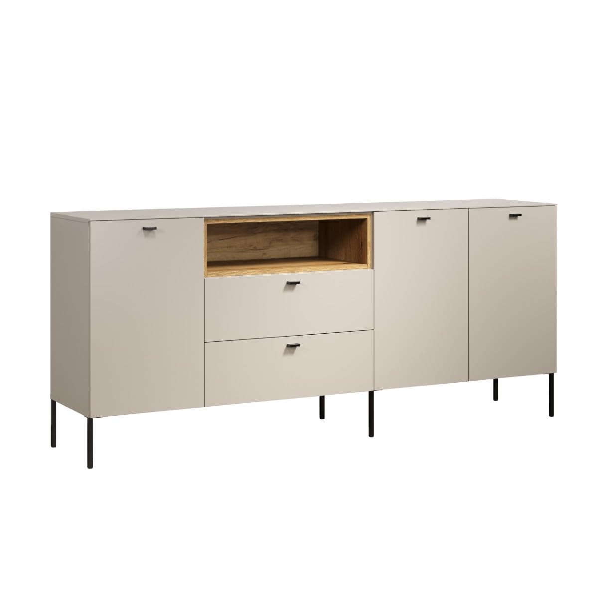 trendteam smart living Sao Paulo Sideboard Kashmir (Beige)/Evoke Eiche Kommode mit Soft-Close Funktion 197 x 85 x 42 cm Schwarze Metallgriffe und -Füße