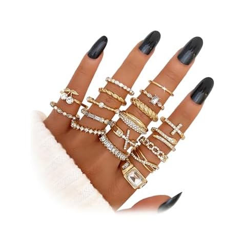 17IF 18 PCS Dainty 14K Gold Ring Set for Women Sparkle Chunky Quartet Diamoned Clean Aesthetic Cross Snake Cherry Classy Designs Plus Size for Stacking on Thumb Knuckle Cover