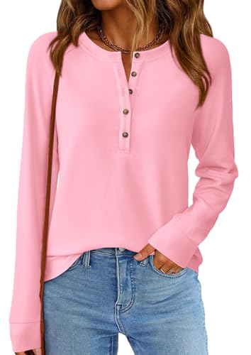 Image of PRETTYGARDEN Women's Long Sleeve Waffle Knit Henley Shirts