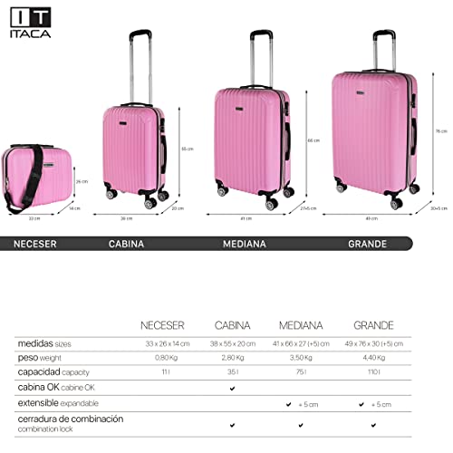 Image of ITACA Juego Maletas de Viaje 4 Ruedas Trolley ABS. Extensibles Rigidas Resistentes y Ligeras. Mango Asas Candado. Pequena Cabina Low Cost, Mediana y Grande y neceser. T71500, Pink, S + M, Casual