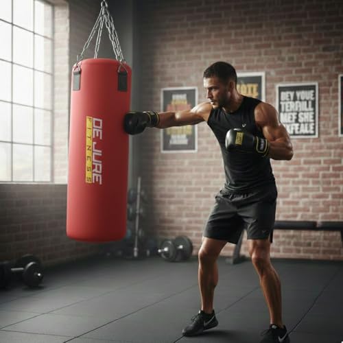 Image of De Jure Fitness Heavy Duty 4 Ft Punching Bag with Rust-Proof Stainless Steel Hanging Chain | Durable Polyester Fabric | Comfortable Recycled Filling | Boxing MMA, Kickboxing - Red, 4 Ft