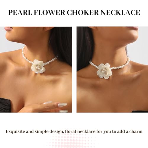 Gangel Big Flower Necklace Choker Pearl Choker Necklace White Flower Necklaces Choker Vintage Floral Choker Prom Flowers Necklace Jewelry for Women4