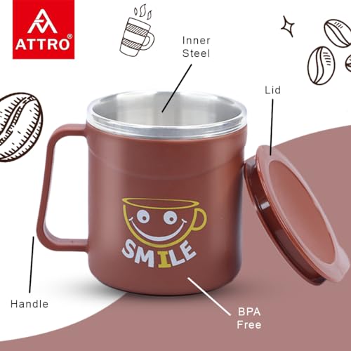 Image of ATTRO Happy Mug Set of 6-Comes with Double Wall Inner Stainless Still & Lid Stylish Cup Ideal for Hot Coffee, Tea - 300ml-Red