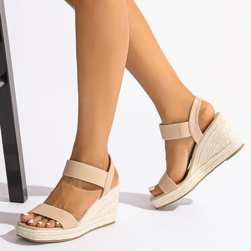 Women's Open-Toe Platform Wedge Sandals Slip-On with Elastic Ankle Strap, Dressy Comfortable Espadrilles Summer Casual Shoes3
