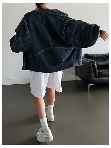 WDIRARA Women's Zip Up Denim Jacket Long Sleeve Oversized Jean Jacket Outerwear2