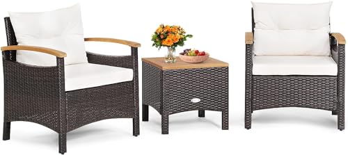 GIANTEX Juego de Muebles de Jardín de Ratán para 2 Personas, Conjunto de Muebles 3 Piezas con Cojines, 2 Sillones y 1 Mesa de Café, Conjunto de Conversación para Patio, Balcón (3 Piezas, Blanco)