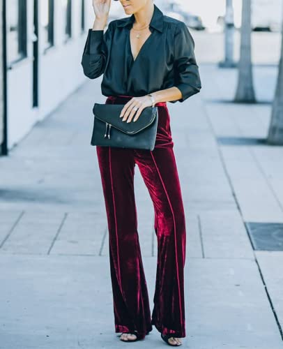 Women Velvet Flare Pants Elastic High Waist Side Zipper Bell Bottom Trousers4