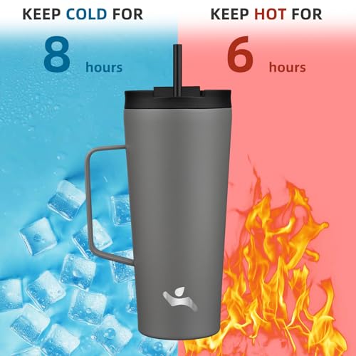 Image of Konokyo 22 oz Insulated Tumbler with Handle & Straw, Stainless Steel Mug