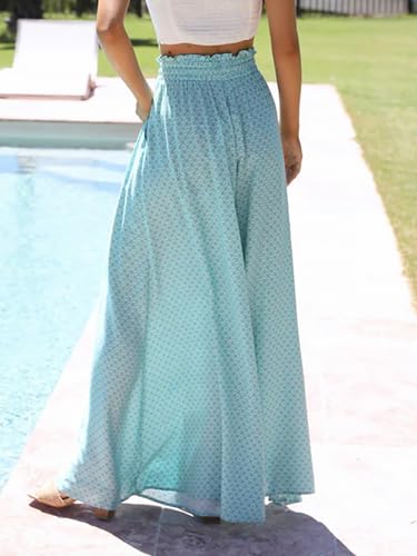 Womens Casual Wide Leg Pants Ruffle Elastic Drawstring Beach Palazzo Loose Pants Comfy Trousers with Pockets3