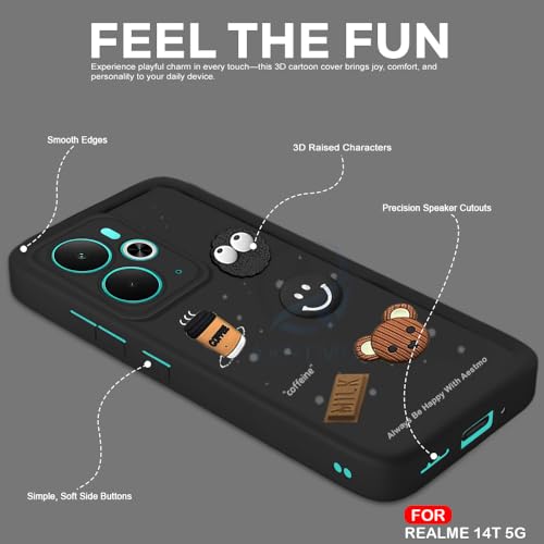 Image of AESTMO Back Case Cover for Realme 14T 5G Cover | Cute Fun Cartoon 3D Ball | Coffee Silicone Case | Full Body Protection | Camera Protection Back Cover for Realme 14T 5G (Black)