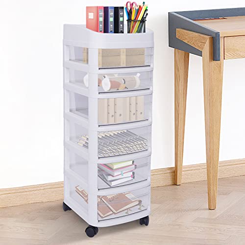 ZBXGJKSY 6-Drawer Plastic Rolling Cart, with 4 Smart Brake Swivel