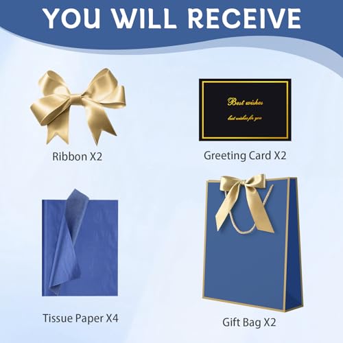 Image of JMANNI Gift Bags with Handles, 11.4 inch Small Mothers Day Gift Bag for Presents, 2 Pcs Bags with 4 Tissue Paper and 2 Cards for Baby Shower Wedding Bridal Shower Mother's Day Birthday Party (blue-gold)