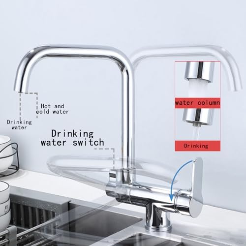 3-Wege-Küchenarmatur, herunterziehbarer Küchenmischer unter dem Fenster, drehbarer Wasserhahn, gefiltertes Trinkwasser, Küchenarmatur, 3-Wege-Mischer für Spüle, Chrom