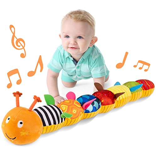 Musical Caterpillar Baby Toy - Stuffed Infant Teething Toy with Ruler and Ring Bell for Newborns (0-12 Months) - Orange