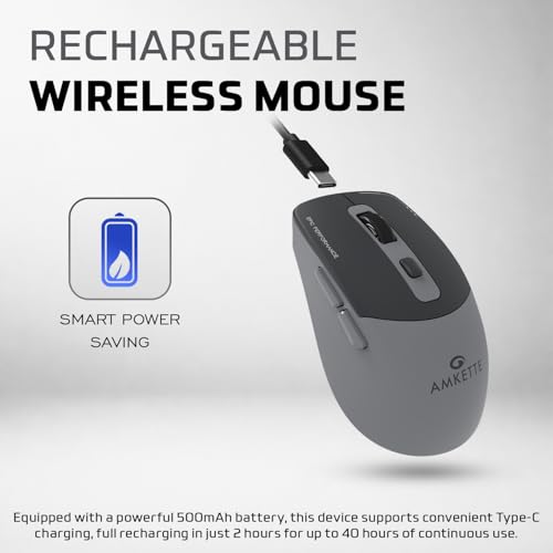 Image of Amkette Epic S Rechargeable Wireless Mouse /Bluetooth Mouse |2 BT + 2.4GHz | Up to 3200 DPI Instant S201 Sensor | 500mAh Type-C Charging, 40H Battery | Silent Huano Switches |6 Buttons Compact Mouse