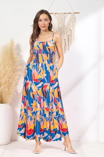 Image of GRACE KARIN Summer Dresses for Women 2026 Vacation,Smocked Floral Maxi Dress,Boho Beach Sundress with Pocket Fashion Clothing