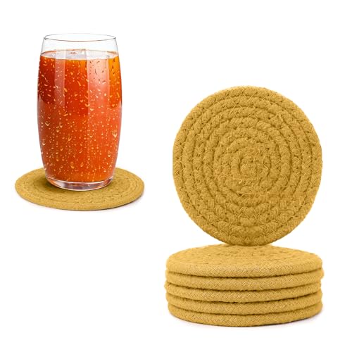 Image of Encasa XO Drink Coasters Set of 6 | Yellow with Round (9 cm) | Handcrafted Ribbed Cotton | Absorbent & Heat-Resistant | Use for Tea, Coffee Table & Desk
