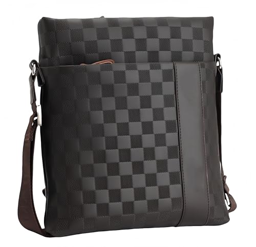 VADOOLL Bolso bandolera de piel marrón con cremallera para hombre, diseño a cuadros, color marrón, marrón