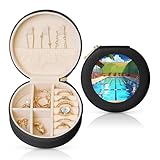 PHAYAH Joyero redondo de viaje con diseño de flamenco y piscina, organizador de anillos de cuero para niñas y mujeres (negro)