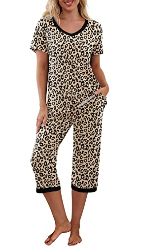 Prinstory Women's Pajama Set Short Sleeve Shirt And Capri Pants Sleepwear Pjs Sets With Pockets Fp-Leopard Khaki-X-Large #TOP12