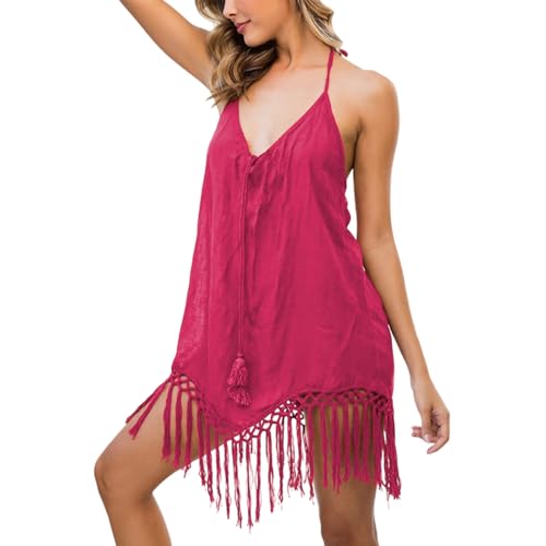 Generisch Vestido de playa para mujer, cuello en V, cuello halter, vestido de playa, pareos, túnica de playa, poncho de playa para mujer, blusa larga de playa, vestido de verano, túnica de playa, Rosa
