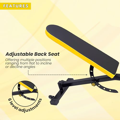 Image of Adjustable Workout Bench for Home Gym | Multifunctional Incline Decline Bench with Preacher Curl Pad & Leg Support | Full Body Strength Training Bench for Men & Women (Black & Yellow)