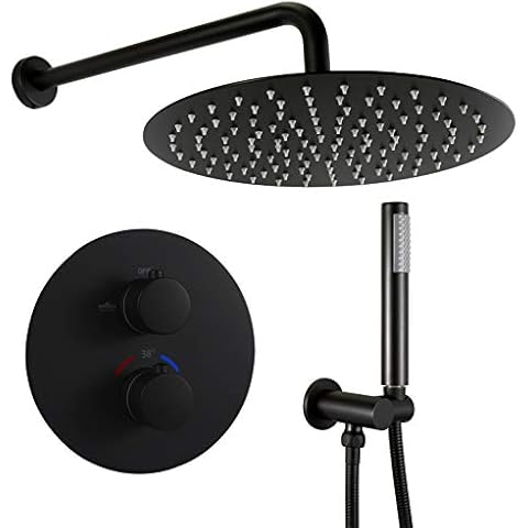 Brass Concealed Thermostatic Shower Set with 12inch Overhead & Handheld Shower and 2-Way Diverter Thermostatic Mixer Box Matte Black Cover