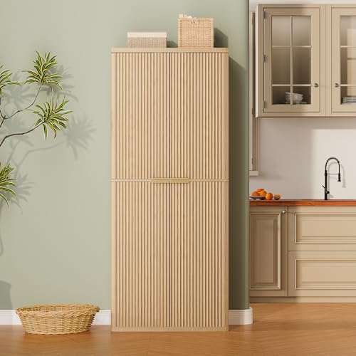 Image of Ball & Cast 72″ Fluted Pantry Cabinet,Versatile Wood Storage Cabinet with 4 Adjustable Shelves,6 Door Shelves,Moden Kitchen Cabinet w /Anti-Tip Safety for Kitchen,Dining Room,Living Room,Natural Oak