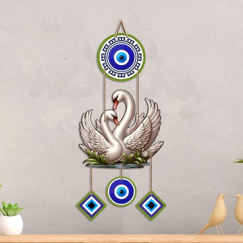 Image of Artvibes White Swan Couple Evil Eye Wall Hanging for Home Entrance & Main Door | Decorative Nazar Battu Vastu Decor for Living Room | Bedroom | Love Harmony Positive Energy Wall Accent (WH 85128N)