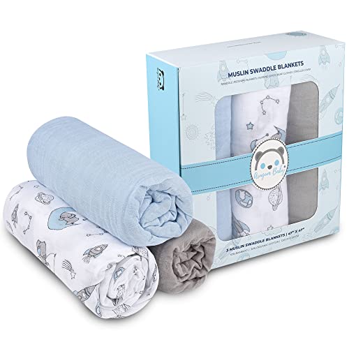 Image of ARUGUMBABY Muslin Swaddle Blankets Boy - Newborn Baby Receiving Blankets - Space & Elephant Design Bamboo Baby Blankets - Baby Boy Essentials - 47" x 47" Large - Baby Boy Gifts
