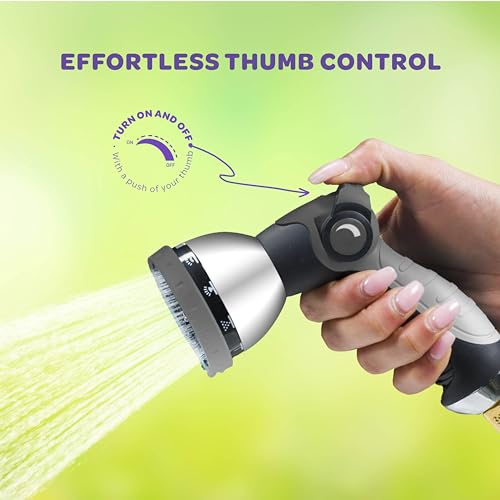 Image of Hose Nozzle [Silver] Heavy Duty Hose Sprayer With 10 Adjustable Watering Patterns. Thumb Control Design, Comfortable Ergonomic Grip, Garden Hose Nozzle for Watering Plants & Lawns /Fun showers /Cleaning