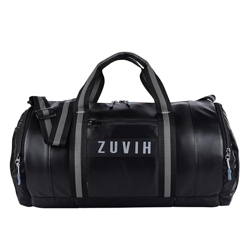 ZUVIH Weekender Premium Multi-Purpose Duffle Bags for Men and Women Water-Resistant with 6 Zipper Compartments, Quality Drum Bag with Twin Color Belt – Perfect for Travel, Gym – Black/Grey
