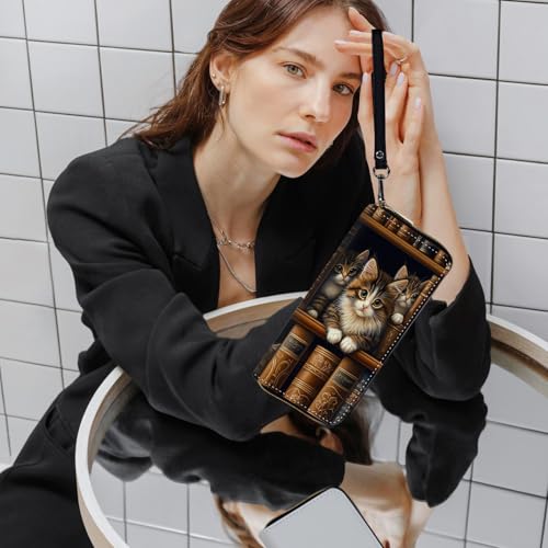 Ladies Wallet,Clutch Purses for Women Wallets Leather Credit Card Holder for Women Wristlet Slim Small Cute with Zipper,Thin RFID Blocking with Wrist Strap,Cute Cat Bookshelf2