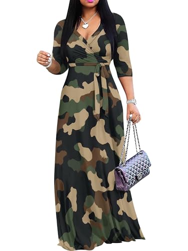 Image of Plus Size Dresses for Women Print Maxi Dresses 3 /4 Sleeve with Belt