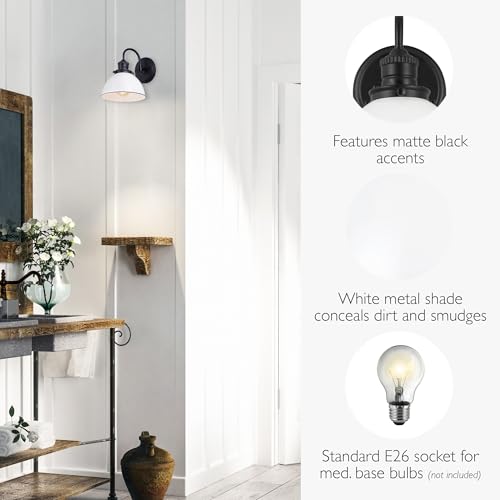 Image of Design House Savannah Rustic Farmhouse Wall Light, Dimmable, Matte Black, White Metal Shade, 8 in x 9.5 in x 10.13 in, 588293