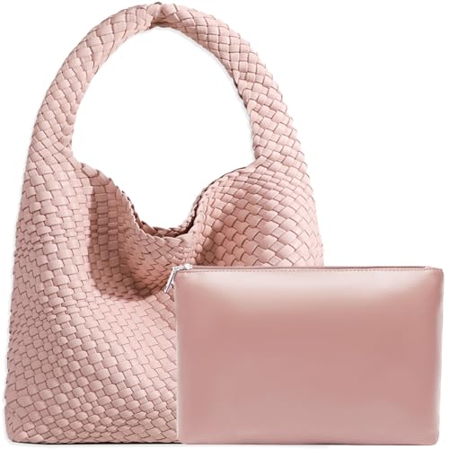 Women Vegan Leather Hand-Woven Tote Handbag Fashion Shoulder Top-handle Bag All-Match Underarm Bag with Purse (Pink)