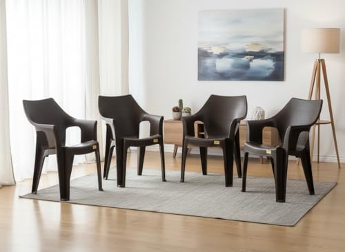 Image of Patiofy Plastic Chair Set of 4 for Home & Outdoor Use | Heavy Duty Comfortable Chair with Strong Legs | Stackable, Easy to Clean | Suitable for Living Room, Balcony (Pack of 4-Oxford | Brown)