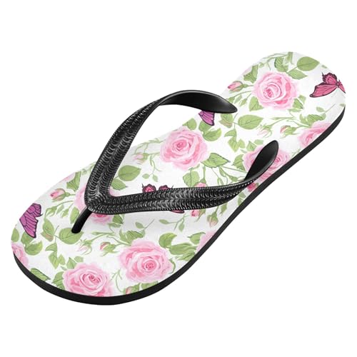 Burbuja Pink Roses Butterflies Flip Flops for Women Men, Soft Thong Sandals Rubber Slippers for Pool Beach Essentials2