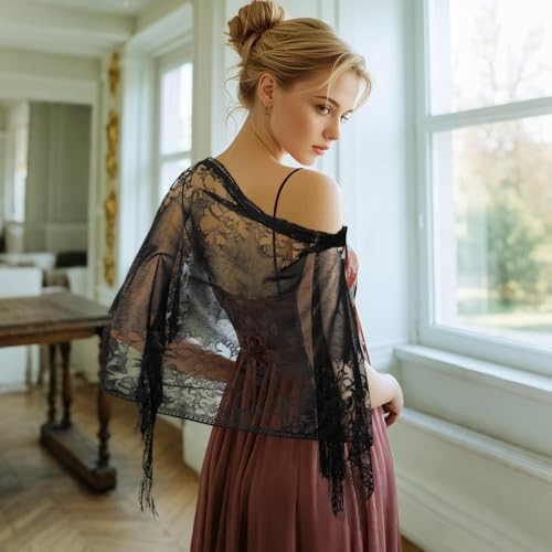 2pcs Black and White Lace Shawl Evening Dresses Shawls Sheer Scarfs with Tassels for Women Wedding Formal Party 6