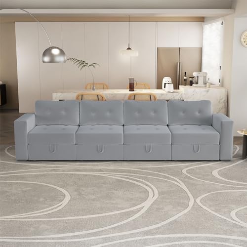 Image of QHITTY Modular Sofa, 4 Seater Accent Couch with Hidden Extra Large Storage Space for Living Room, Grey