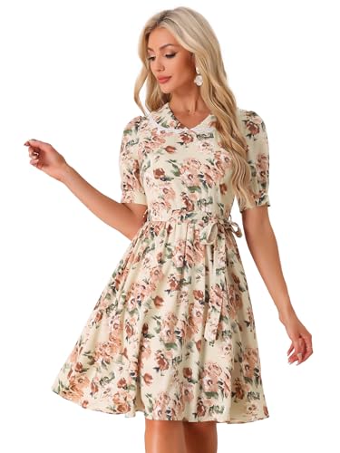 Image of Allegra K Women's Vintage Peter Pan Collar High Waist Flowy Midi Puff Sleeve Floral Dress