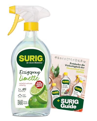 SURIG Essigspray Limette 500 ml + Mini Guide - gebrauchsfertige Essigsäure 8% in Sprühflasche - zum Würzen Säuern Reinigen und Entkalken in Küche und Haushalt