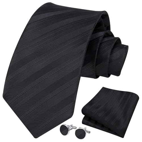 Image of HISDERN Ties for Men Stripe Plaid Tie Classic Necktie Pocket Square Cufflinks Set for Formal Wedding Business Party