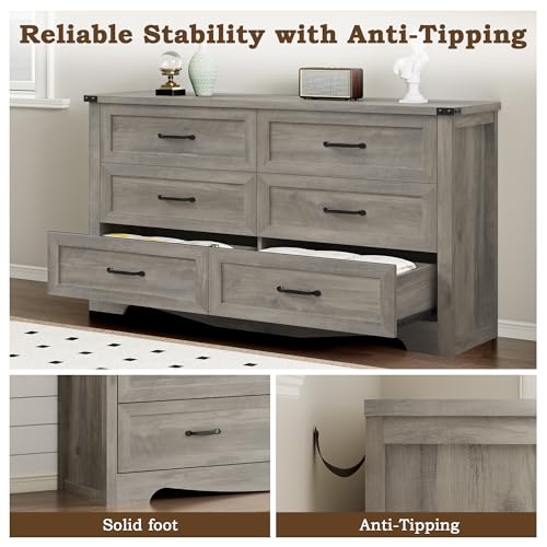 Image of BORNOON 6-Drawer Dresser for Bedroom, Modern Wooden Chest of Drawers with Metal Handles, Anti-Tipping Design, Sturdy and Stable Storage Organizer for Living Room, Entryway, Home Office