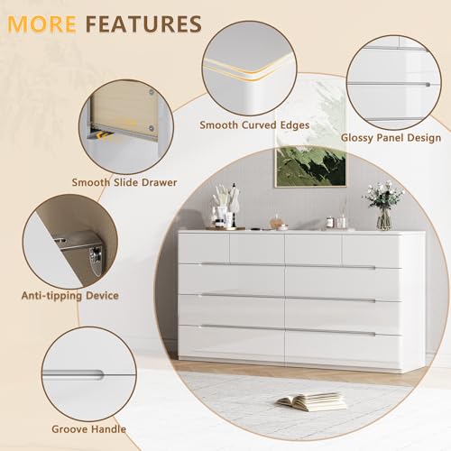 Image of 10 Drawer White Dresser for Bedroom, 55 inch Long Dresser Chest of Drawers, Large High Gloss Modern Storage Cabinet with Big Drawers Handle Free, Living Room, Entryway, Hallway