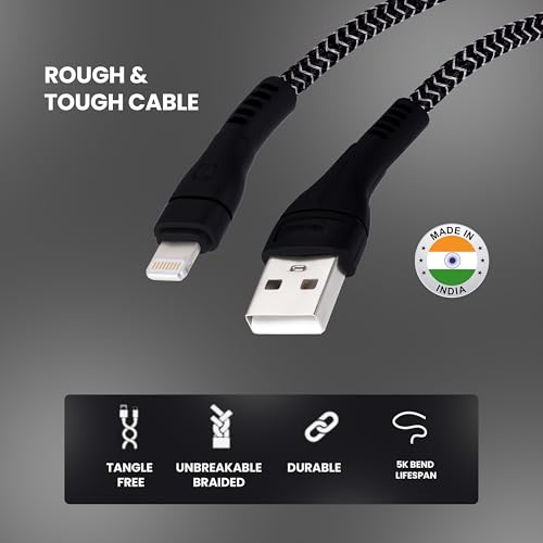 Image of Nextech Braided USB to Lightning 3.6A Fast Charging and Data Sync Cable | 480Mbps Transfer | Compatible for iPhone 14, 13, 12, 11, iPad Air, Pro, Mini | Durable Apple Charging Cable (Black, 1M)